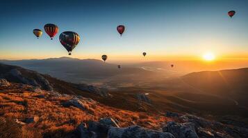 vistoso caliente aire globos volador encima alto montaña a amanecer con hermosa cielo fondo, ai generativo foto