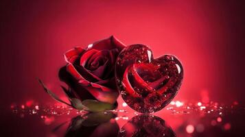 Beautiful Couple Of Red Roses In Heart Shape With Red Passion Background, photo