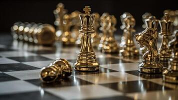 Gold queen chess surrounded by a number of fallen silver chess pieces, business strategy concept, AI Generative photo