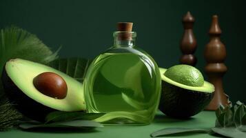 Composition with bottle of essential oil, avocado on color background, photo