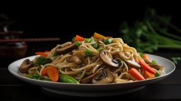 Lo mein with vegetables, mushrooms and soy filets, photo