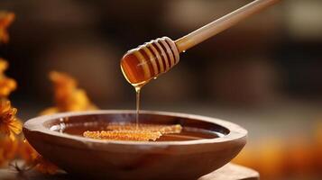 Honey dripping from honey dipper in wooden bowl. Healthy organic Thick honey dipping from the wooden honey spoon. Flowers and jar on the table, photo