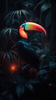 Orange beak toucan in a dark night forest with with red neon light, photo