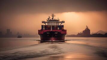 A tugs boat assist container vessel to be berthing at industrail port on sunset baground, photo