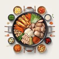 Samgyetang Korean food, a thick, glutinous soup with a whole stuffed chicken floating in its boiling depths. photo