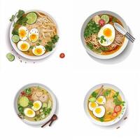 Soto Indonesian traditional food, super realistic flat aye style with white background. photo