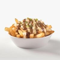 Poutine is a dish of fried potatoes and cheese flakes, and topped with thick gravy. . photo