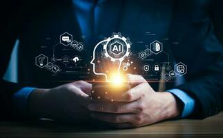 Businessman touching the brain working of Artificial Intelligence AI Automation, Predictive analytics, Customer service AI-powered chatbot, analyze customer data, business and technology photo