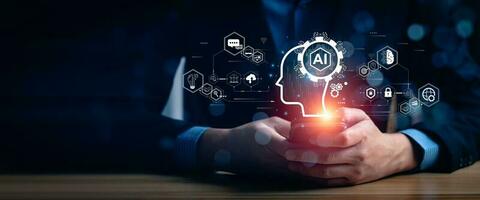 Businessman touching the brain working of Artificial Intelligence  Automation, Predictive analytics, Customer service AI-powered chatbot, analyze customer data, business and technology photo