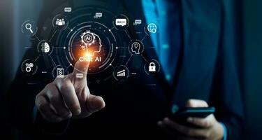 Chat with AI or Artificial Intelligence technology, business use AI smart technology by inputting, deep learning Neural networks to understand, respond to user inputs. future technology photo