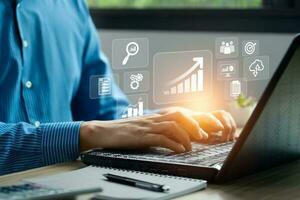 Business analysis and strategy concept. business people use computers to analyze business growth. quality control. Set goals, solutions, workflows, business optimization and innovation. photo