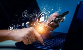 Cyber security and data protection information privacy internet technology concept. Businessmen protecting personal data on laptops and virtual interfaces. Username and password, encryption photo
