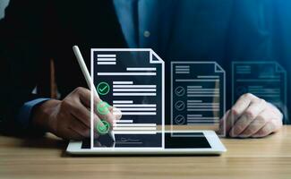 Electronic Signature Concept. Businessman signing documents online on tablet, Online document signing management system e-Signature, Digital Signature, business contract photo