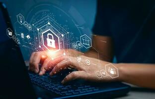 Cyber security and data protection information privacy internet technology concept. Businessmen protecting personal data on laptops and virtual interfaces. Username and password, encryption photo