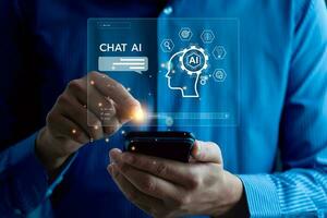 negocio personas utilizando artificial inteligencia ai, buscar para información utilizando un artificial inteligencia chatbot. inteligente tecnología por ingresando futuro tecnología información, abierto ai foto