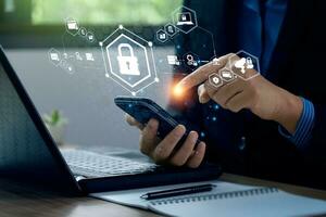 cyber security privacy and data storage protection Document Management with Password and Encryption Encrypted files on computer or server Finger touching lock icon on electronic circuit photo