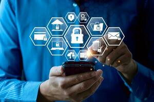 cyber security privacy and data storage protection Document Management with Password and Encryption Encrypted files on computer or server Finger touching lock icon on electronic circuit photo
