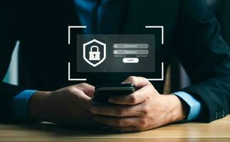 Businessmen protecting personal data on smartphone and virtual interfaces. Cybersecurity and privacy concepts to protect data and internet network security technology. screen padlock, Banking photo