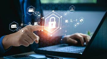 cyber security privacy and data storage protection Document Management with Password and Encryption Encrypted files on computer or server Finger touching lock icon on electronic circuit photo