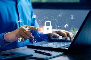 Cyber security network. Businessman touching protected digital key on internet technology network, data protection and personal information, Against digital cybercrime photo