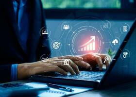 Business analysis and strategy concept. business people use computers to analyze business growth. quality control. Set goals, solutions, workflows, business optimization and innovation. photo