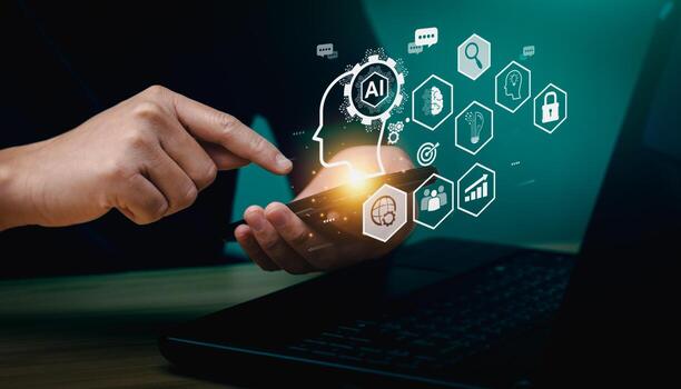 business people using artificial intelligence AI, search for information using an artificial intelligence chatbot. smart technology by inputting. future technology information, Open AI photo