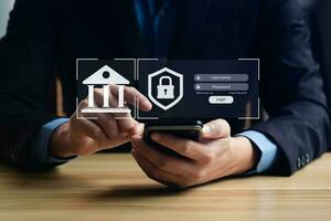 Businessmen protecting personal data on smartphone and virtual interfaces. Cybersecurity and privacy concepts to protect data and internet network security technology. screen padlock, Banking photo