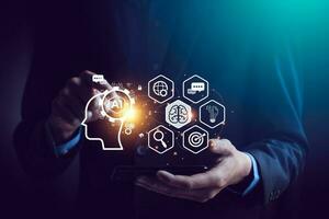 Chat with AI or Artificial Intelligence technology, business use AI smart technology by inputting, deep learning Neural networks to understand, respond to user inputs. future technology photo