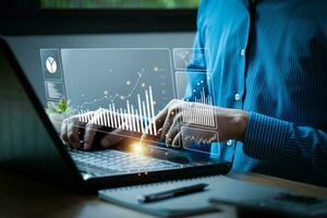 Businessman analyzing business enterprise data management, Business analytics with charts, metrics and KPIs to performance organization. Corporate strategy for finance, operations, sales, marketing photo