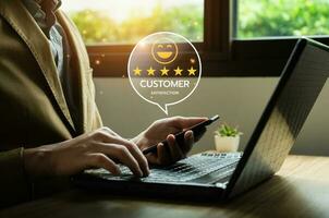 Customer review satisfaction feedback survey concept. Business people rate service experience and product quality or staff friendliness and overall value for the price. information, amend, improve photo