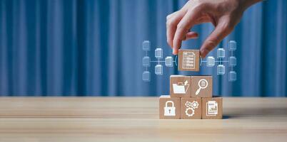 Document Management System, digitization and process automation to efficiently manage files, knowledge, and documents in an organization with ERP, enterprise business technology. photo