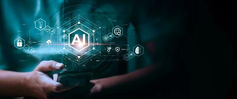 Businessman touching the brain working of Artificial Intelligence  Automation, Predictive analytics, Customer service AI-powered chatbot, analyze customer data, business and technology photo
