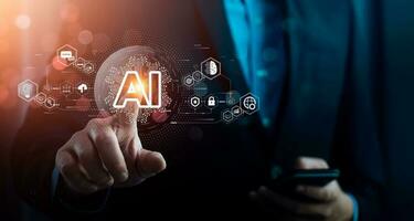 Businessman touching the brain working of Artificial Intelligence AI Automation, Predictive analytics, Customer service AI-powered chatbot, analyze customer data, business and technology photo