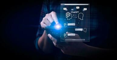Chatgpt Chat with AI or Artificial Intelligence technology, business use AI smart technology by inputting, deep learning Neural networks to understand, respond to user inputs. future technology photo