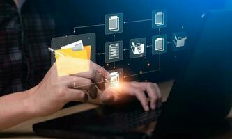 Document Management System concept. Enterprise content management, Digital asset management, Document imaging, Workflow, Records management, Online document file data software for efficient archiving. photo