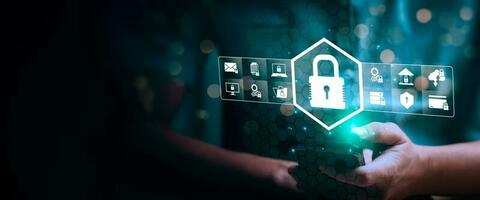 cybersecurity concept Global network security technology, Businessman protects personal information Encryption with a padlock icon on the virtual interface. data storage protection photo