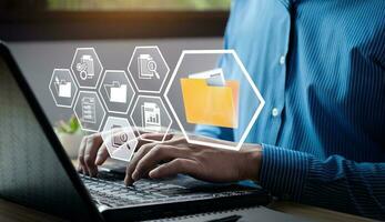 document management system concept. Enterprise content management, Digital asset management, Document imaging, Workflow, Records management, Online document file data software for efficient archiving. photo