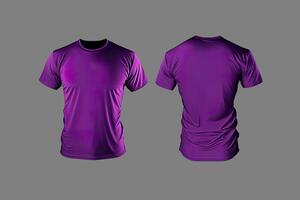 Photo realistic male purple t-shirts with copy space, front and back view.