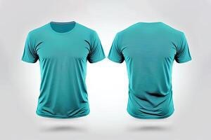 Photo realistic male cyan color t-shirts with copy space, front and back view.