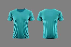 Photo realistic male cyan color t-shirts with copy space, front and back view.