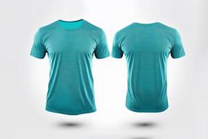 Photo realistic male cyan color t-shirts with copy space, front and back view.