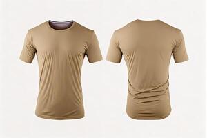 foto realista masculino beige camisetas con Copiar espacio, frente y espalda vista. ai generado