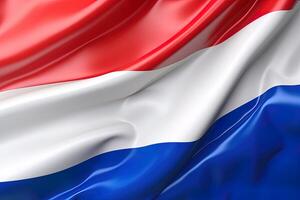 rojo, blanco y azul fondo, ondulación el nacional bandera de Países Bajos, saludó un muy detallado de cerca. ai generado foto