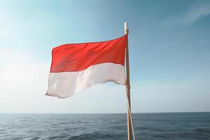 Indonesia national flag waving in the blue sky on the ocean background. Red and white flag with clouds. photo