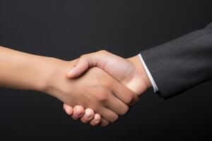 Business agreement handshake hand gesture on dark background. photo