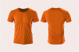 Photo realistic male orange t-shirts with copy space, front and back view.