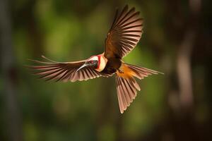 majestuoso pájaro en vuelo en contra un borroso antecedentes. ai generado foto