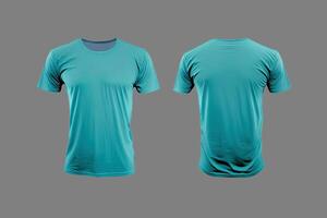 Photo realistic male cyan color t-shirts with copy space, front and back view.