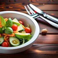 mix salad on wooden table. . photo