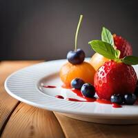 fruit salad on a white plate on a wooden table. photo